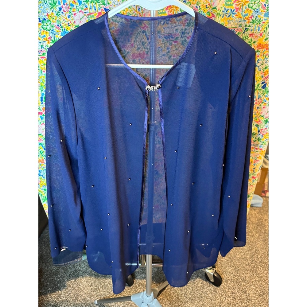 118 Navy Blue Sheer Chiffon Open Front Cardigan Rhinestone ClaspJacket 12